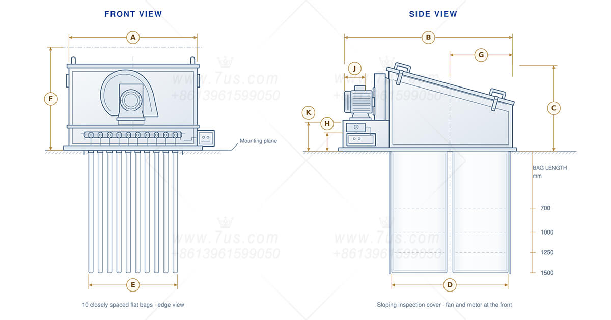 EHFBV flat-bag all-in-one dust collector front and side dimension guide, showing the integrated fan, sloping inspection cover and ten closely spaced flat bags