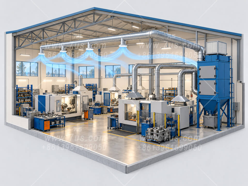 Concept illustration of industrial dust extraction and filtered air distribution inside a workshop