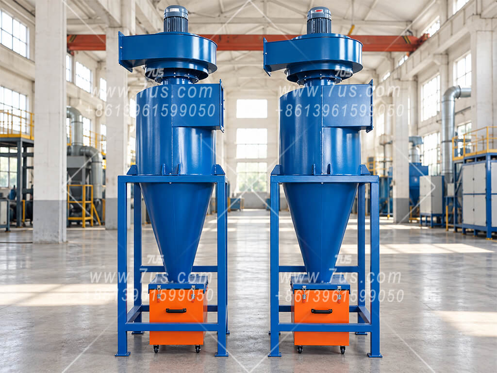 Two blue cyclone dust collectors with top-mounted fans and collection bins