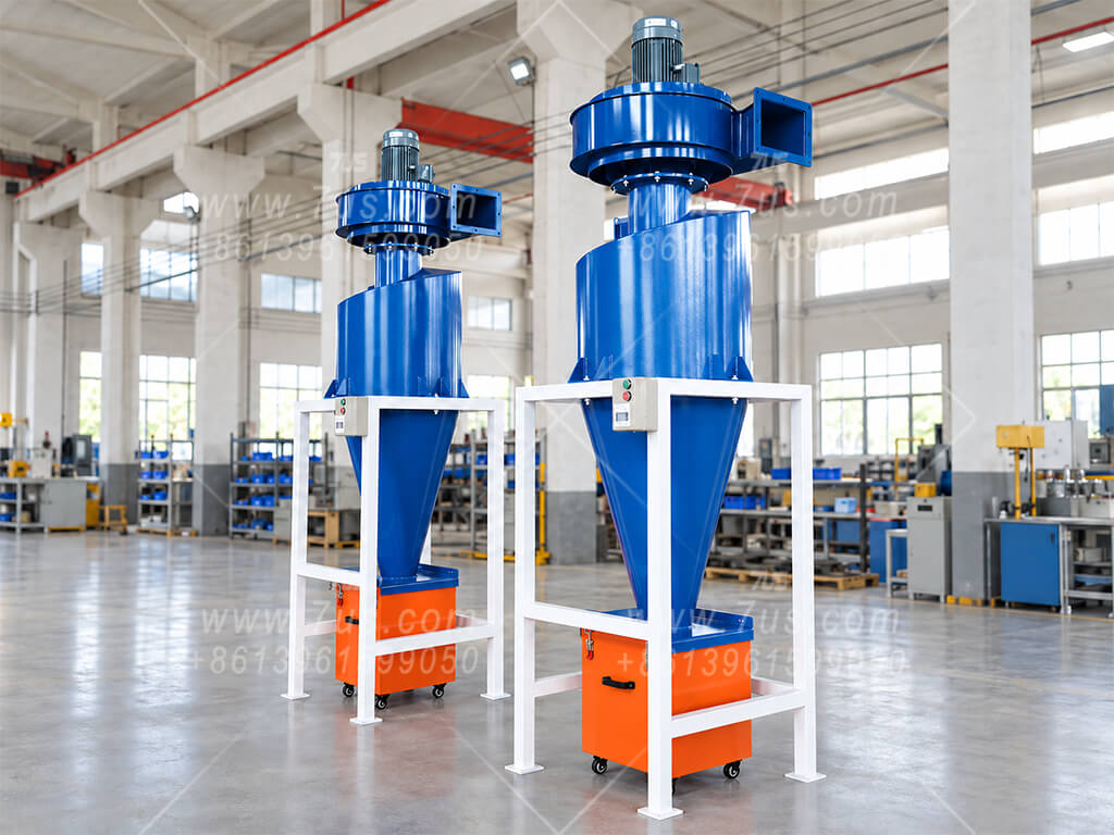 Two blue cyclone dust collectors with top-mounted extraction fans, support frames and orange collection bins