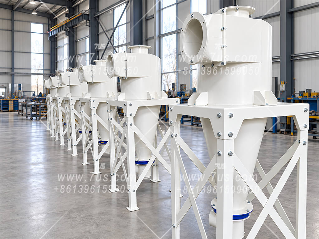 White cyclone separators with support frames and flanged connections, without integrated fans
