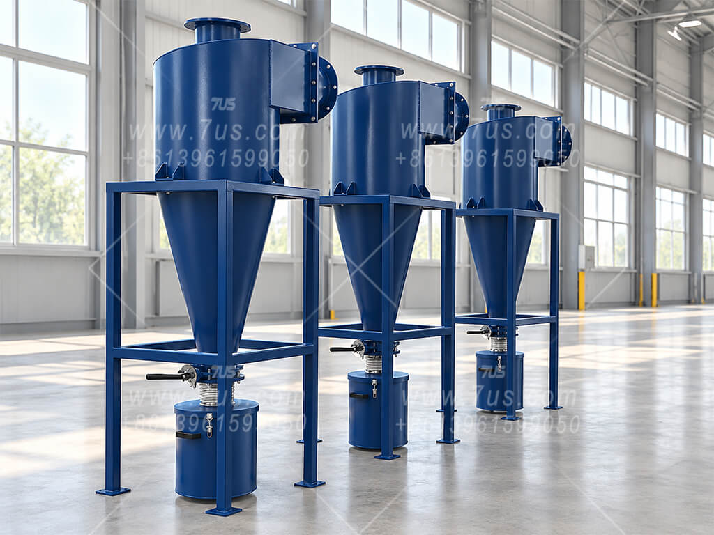 Blue cyclone separators with support frames and collection bins, without top-mounted fans