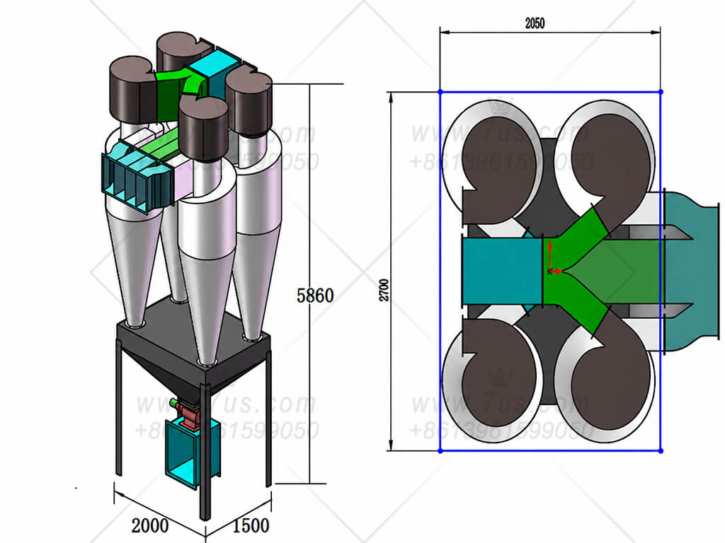 Drawing of four cyclone bodies connected in parallel above a shared hopper