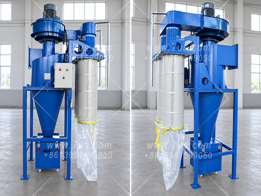 Two views of a blue cyclone dust collector with a top-mounted fan, side cartridge filter and lower collection bag