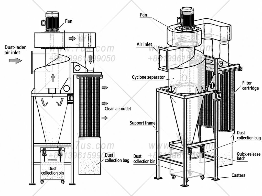 Section and perspective drawings showing airflow through the cyclone, fan and side cartridge filter
