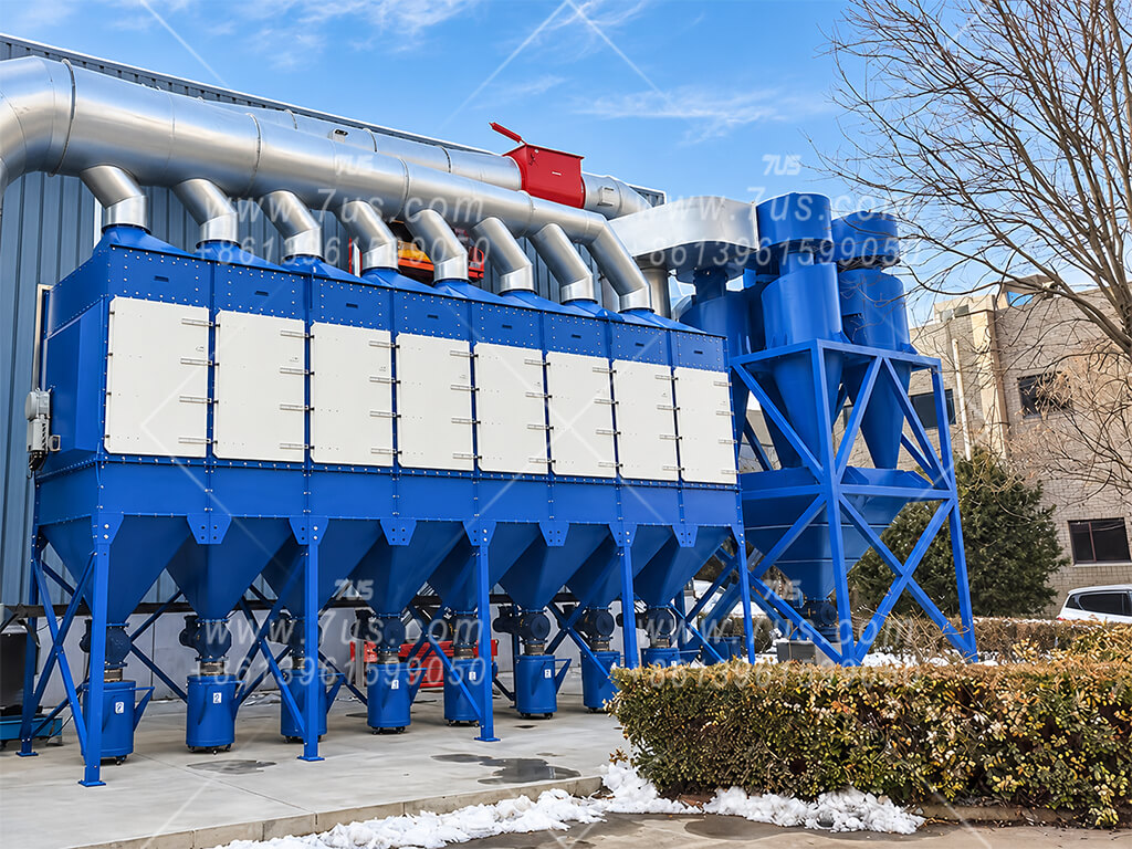 Outdoor installation combining cyclone separators with a larger downstream dust collection system