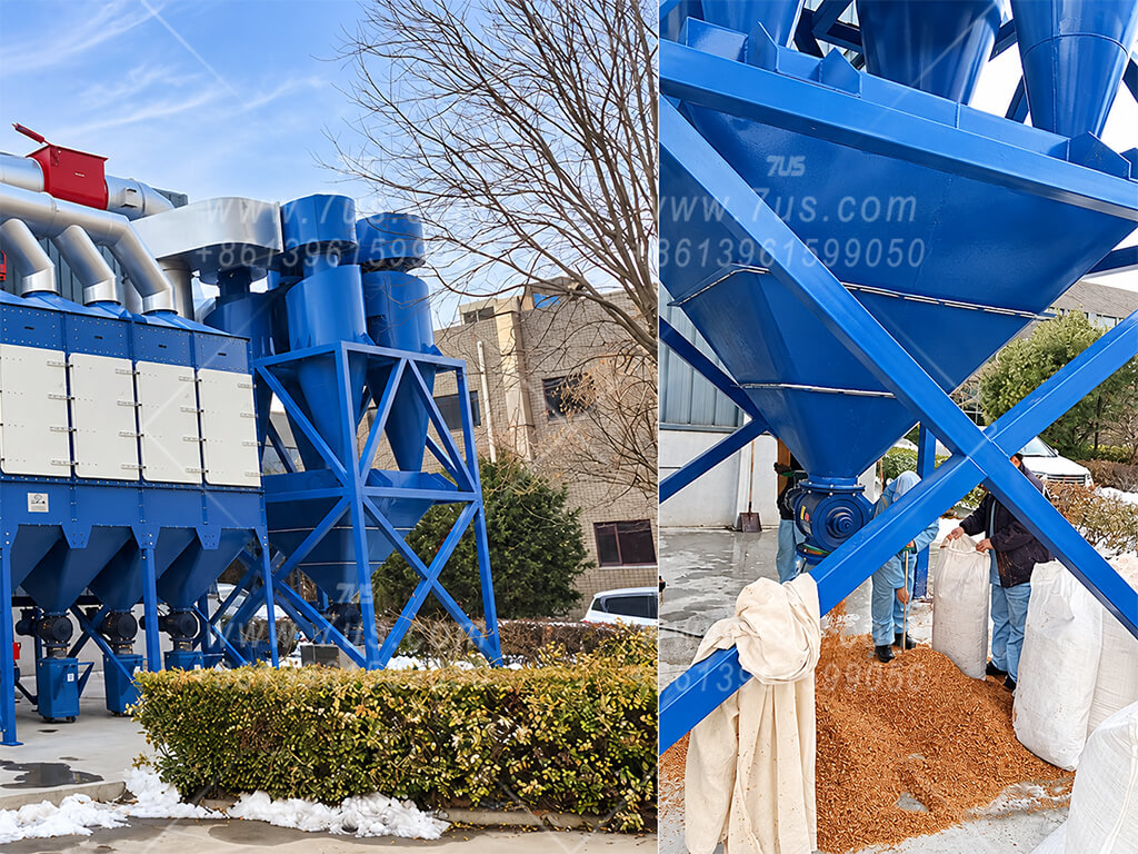 Shared hopper below parallel cyclone bodies with a rotary discharge device and bag collection at an installation site