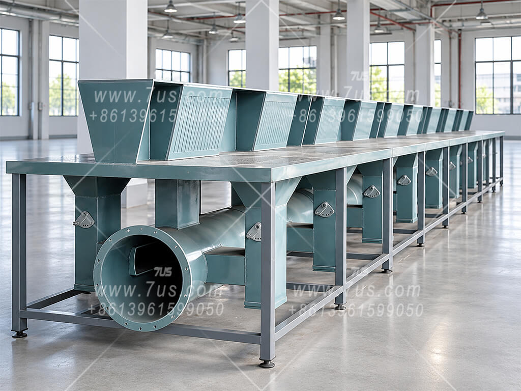 PVC extraction worktable with plastic ductwork and a carbon steel support frame