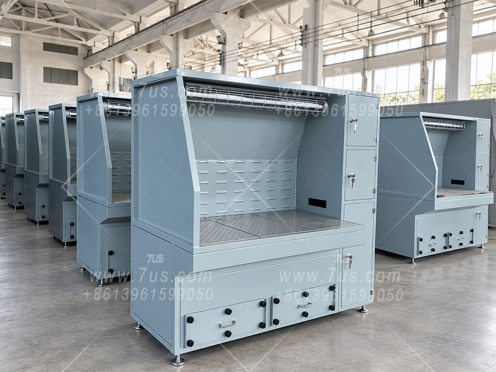 Enclosed gray workbench with task lighting, rear extraction slots and a perforated tabletop