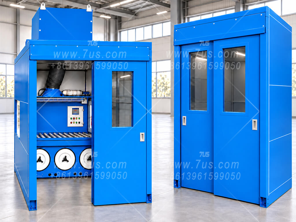 Cartridge-filter grinding worktable integrated with an acoustic enclosure and a roof-mounted extraction fan