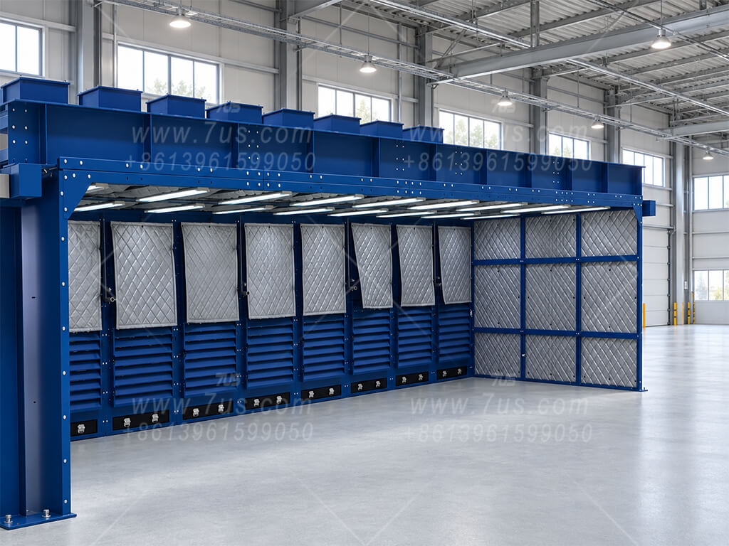 Wide fixed grinding booth with multiple dust collection modules and acoustic curtains