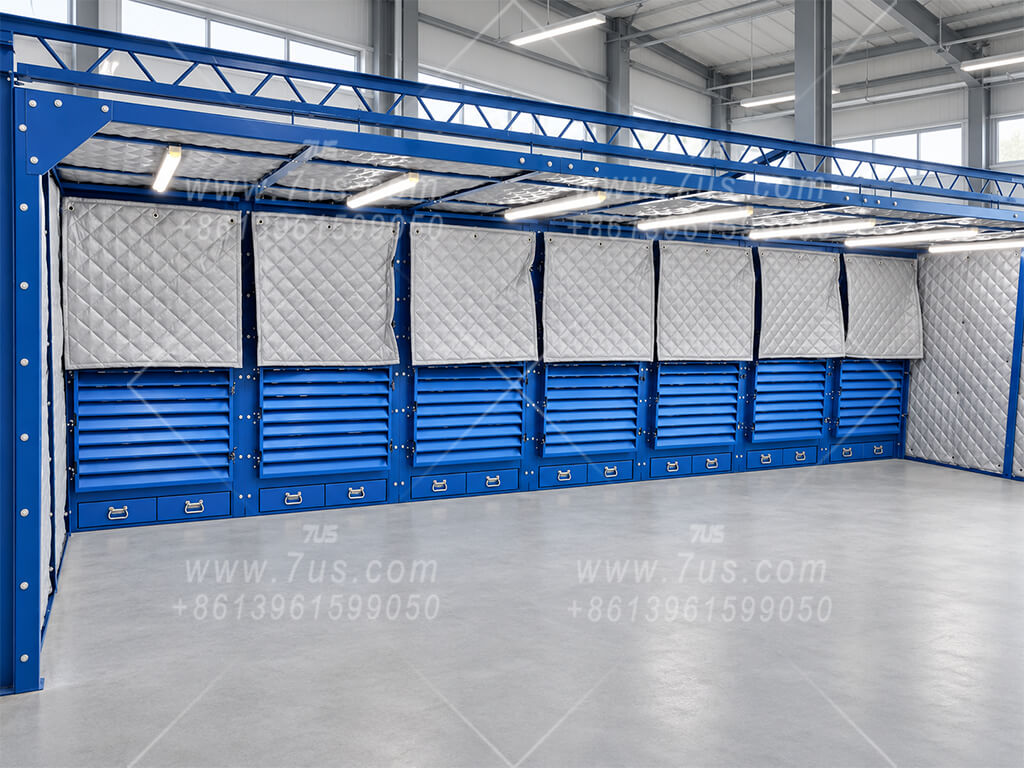 Row of extraction modules with acoustic curtains and overhead lighting