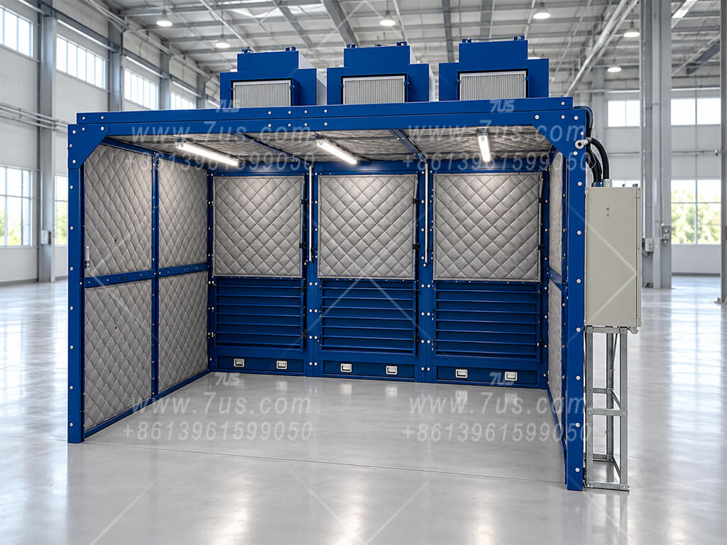 Fixed open-front grinding booth with acoustic curtains and dust collection modules