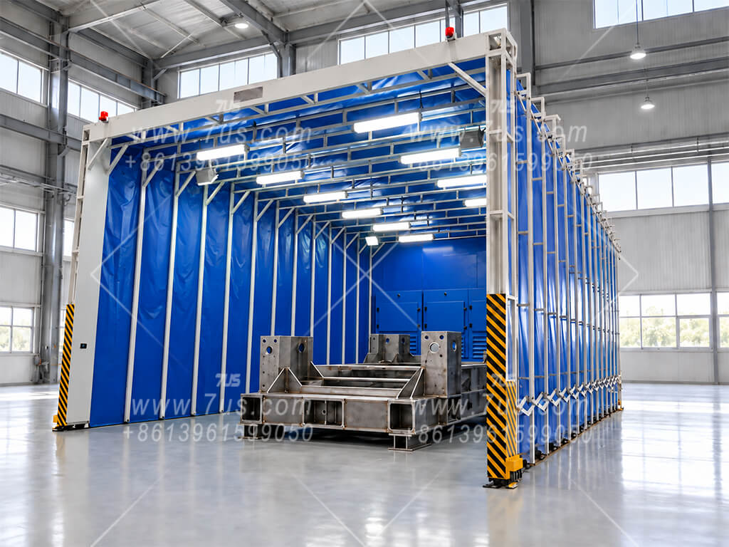 Extended retractable grinding enclosure surrounding a large workpiece