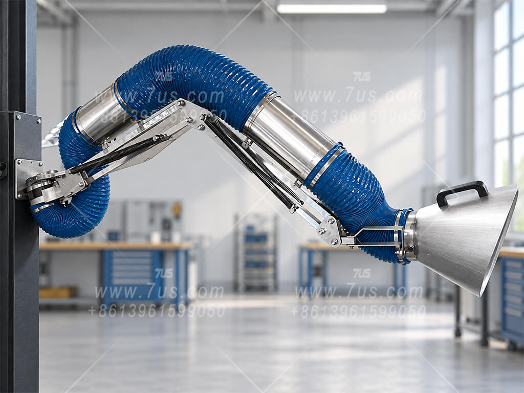 Articulated fume extraction arm with blue flexible connections and metal duct sections