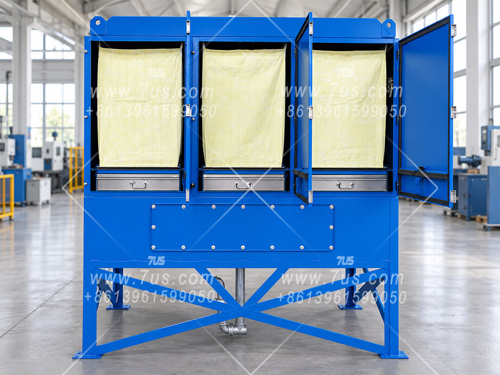 EHOMC oil mist collector with open access doors showing yellow fiberglass V-bag filters