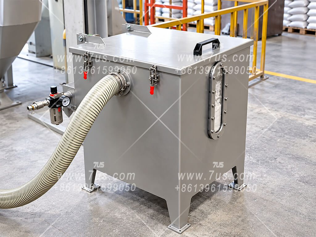 Precoat powder feeder in service with a flexible duct connection, compressed-air regulator and powder level sight window