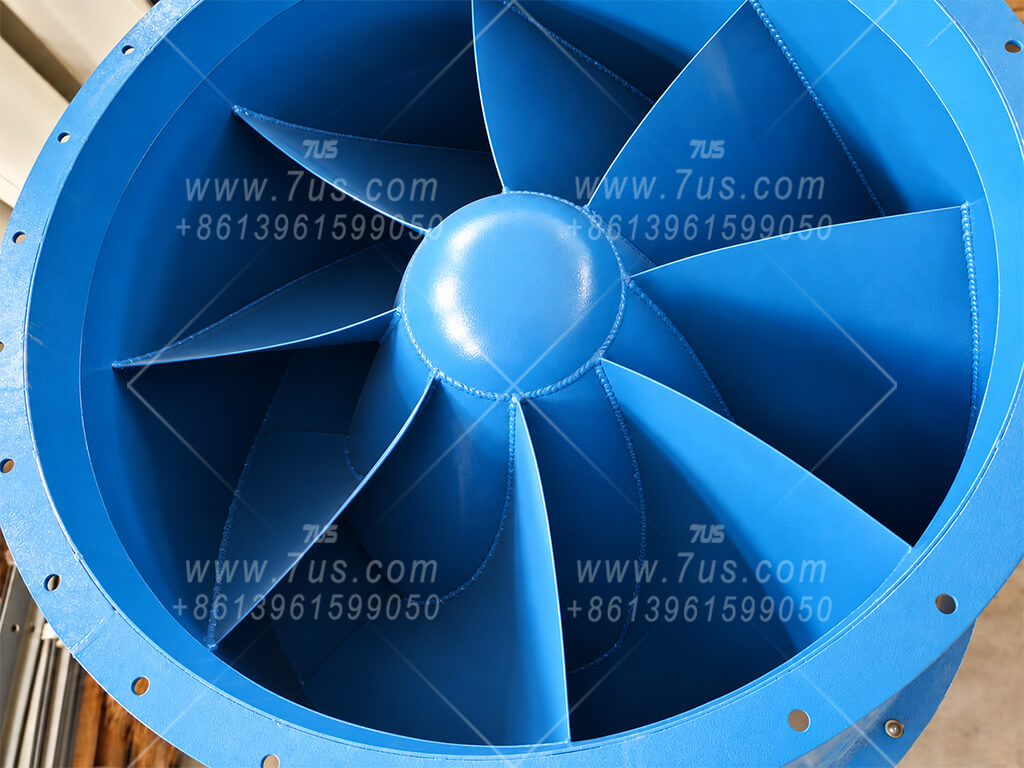 Stationary curved guide vanes around the central guide body inside a blue centrifugal spark arrestor