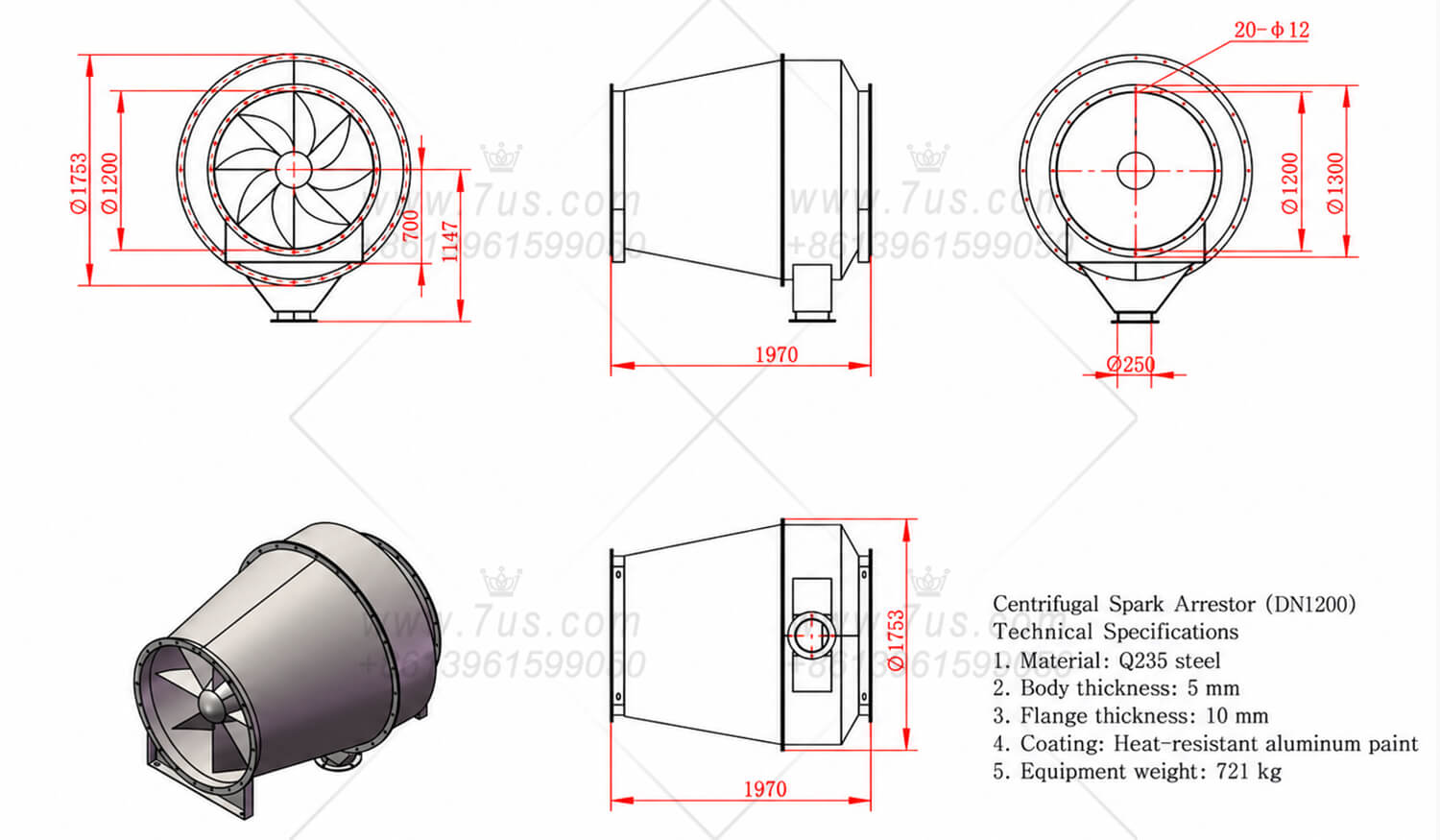 DN1200 centrifugal spark arrestor — general arrangement drawing