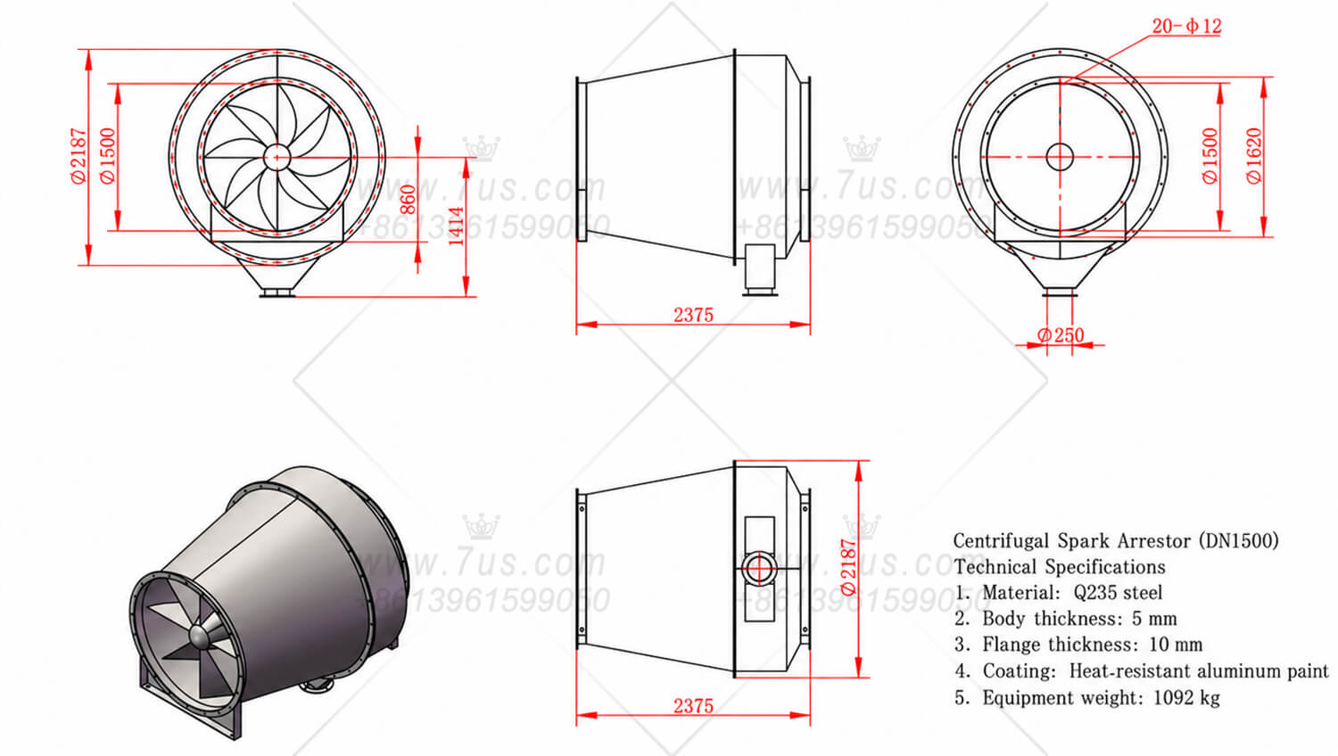 DN1500 centrifugal spark arrestor — general arrangement drawing