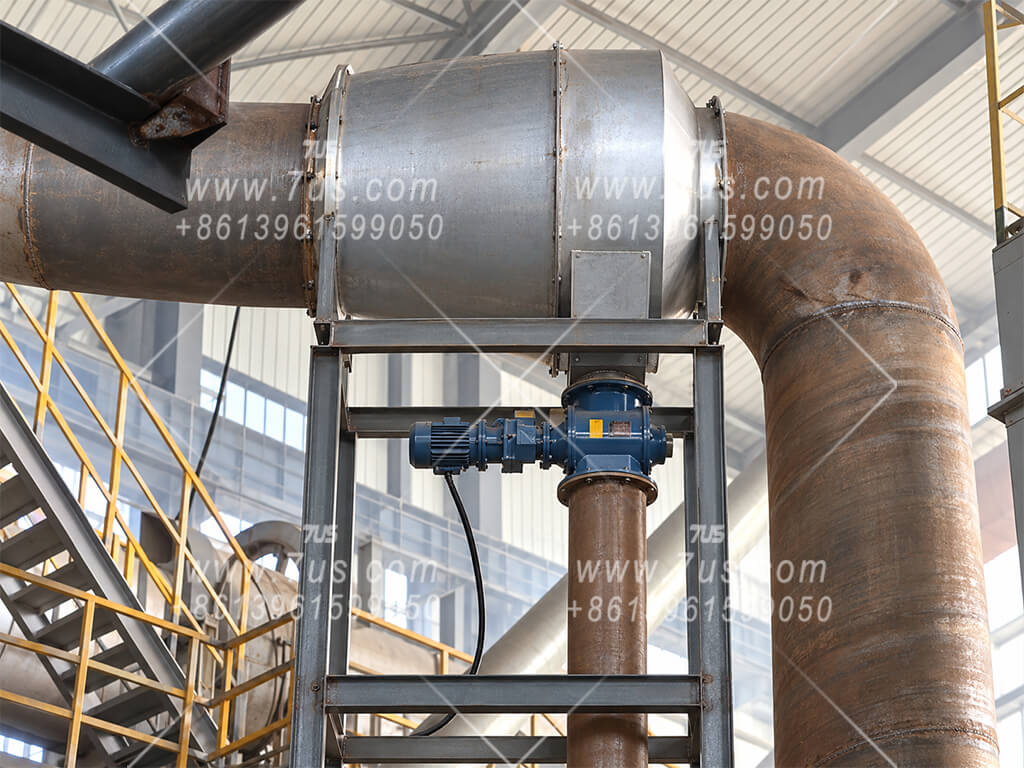 Centrifugal spark arrestor upstream of a smelting furnace baghouse, with a rotary airlock valve and independent steel support frame