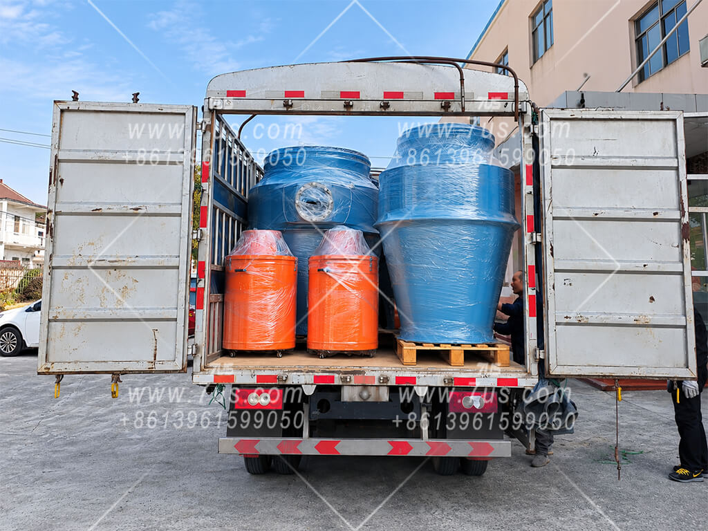 Truck Loading — Centrifugal spark arrestors loaded onto a truck for delivery.