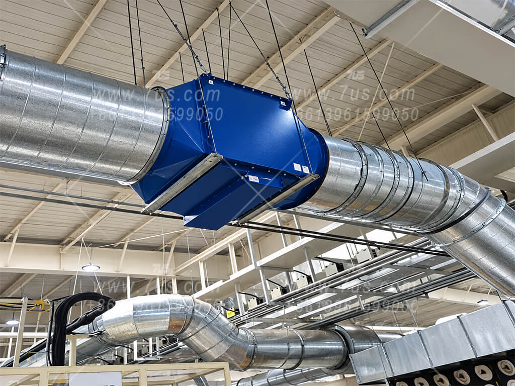 Overhead baffle spark arrestor and connected extraction ducts