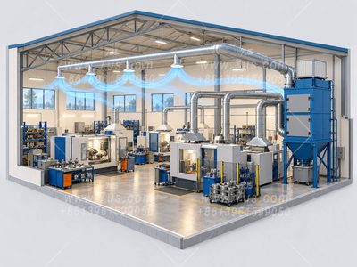 Concept illustration of industrial dust extraction and filtered air distribution inside a workshop