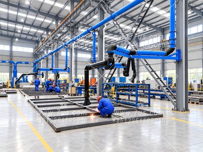 Extraction arms and shared overhead ductwork serving multiple manual welding workstations