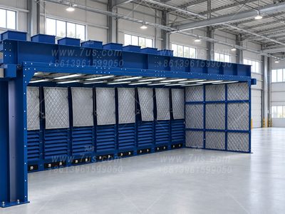 Wide fixed grinding booth with multiple dust collection modules and acoustic curtains