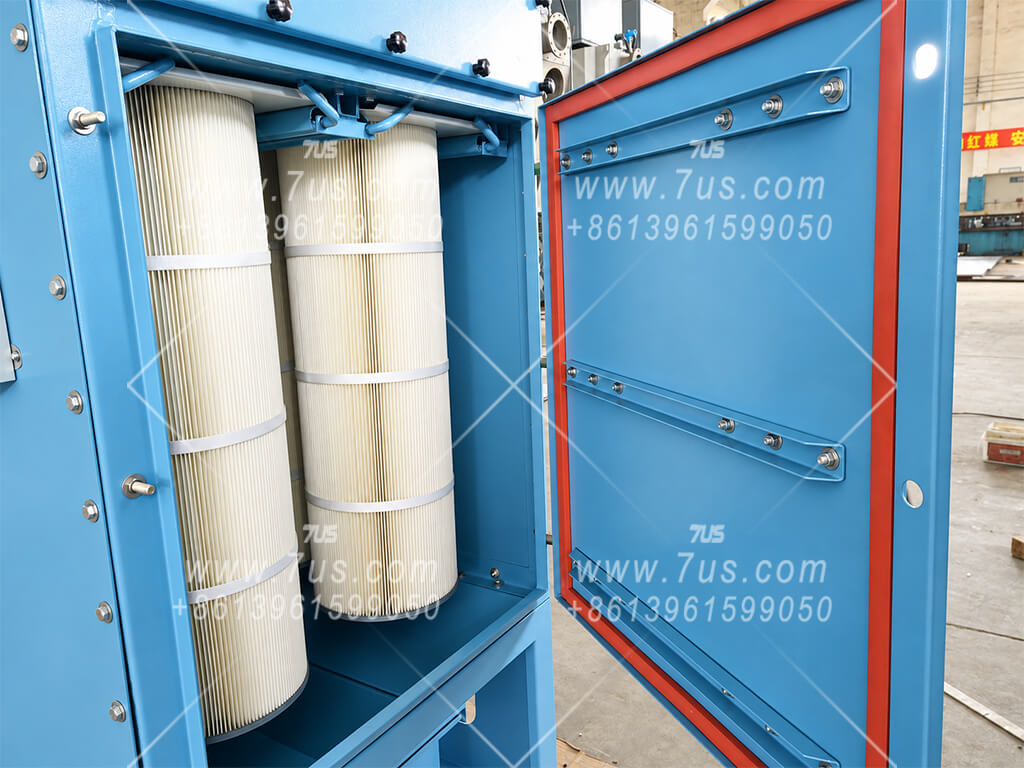 Front-access DHC vertical cartridge dust collector with service door open and cartridges installed vertically