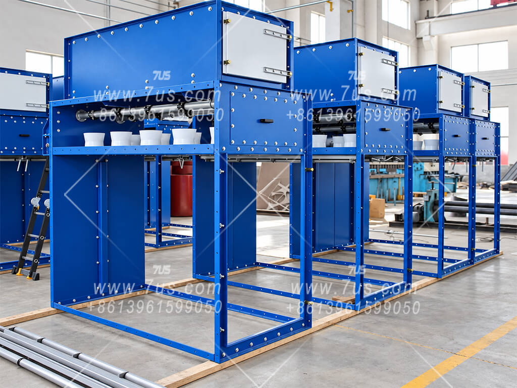 Clean-air chamber of a DHC vertical cartridge dust collector with venturis and pulse pipes
