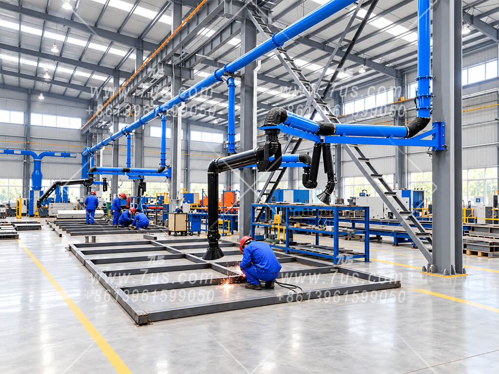 Extraction arms and overhead ductwork serving multiple manual welding stations
