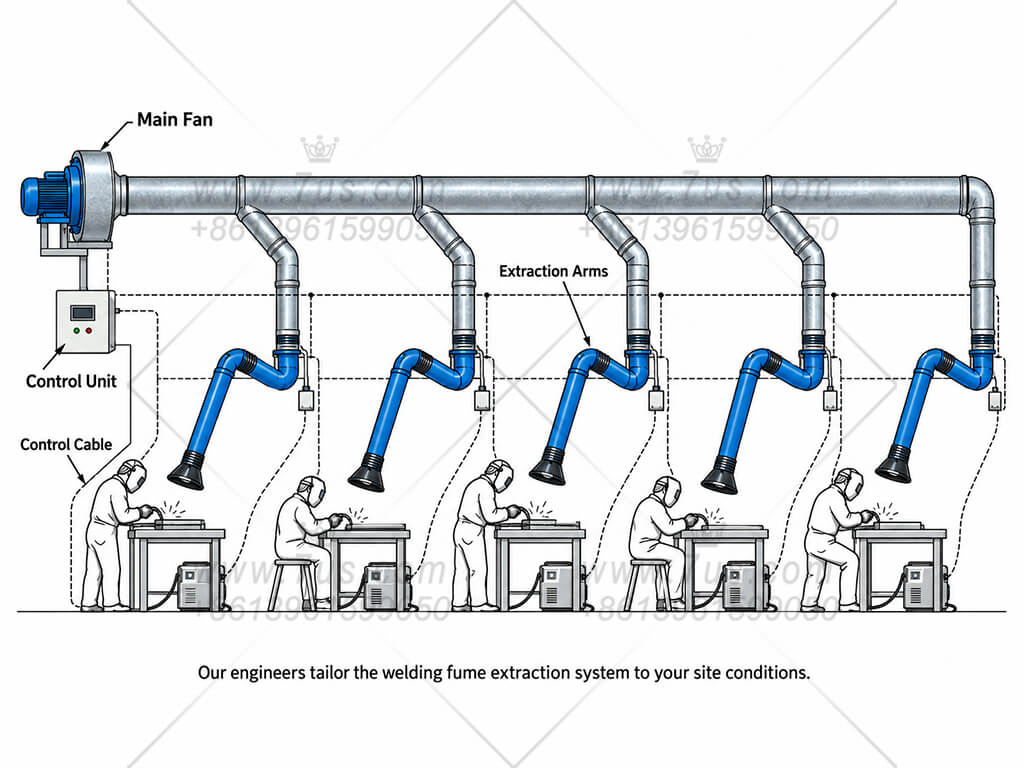 Illustrative ductwork layout for centralized fume extraction from multiple manual welding stations
