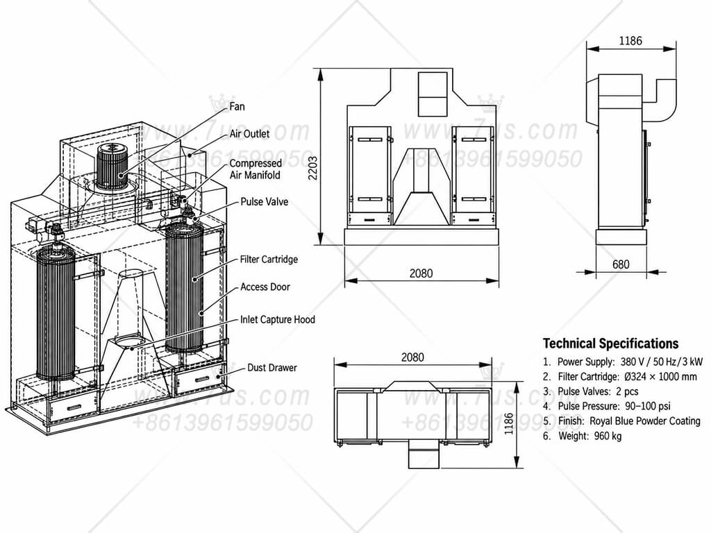 Detailed dimensional drawing of the roof-mounted integrated cartridge dust collector