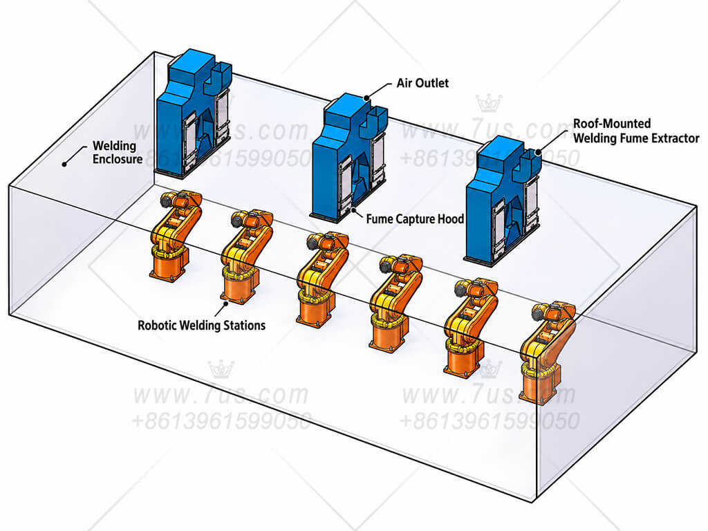 Illustration of an integrated cartridge dust collector mounted above a steel-framed robotic welding enclosure