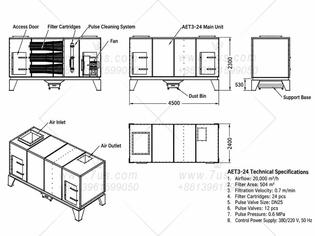 Corresponding dimensional drawing of the 20,000 cubic metres per hour integrated cartridge dust collector