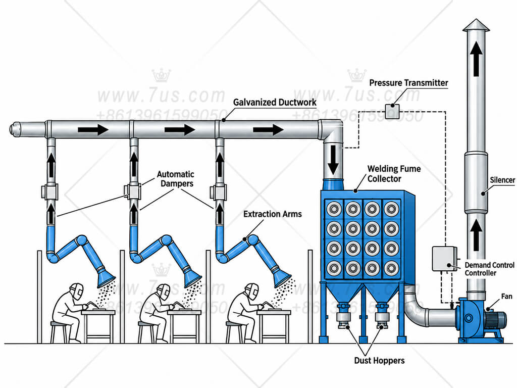 Illustrative centralized welding fume collection system