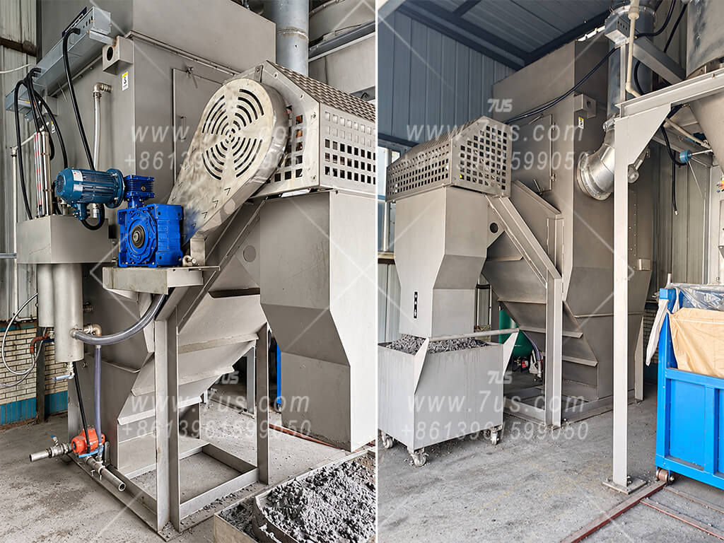 Two site views of a C-type wet dust collector showing the sludge scraper drive and sludge collection bins