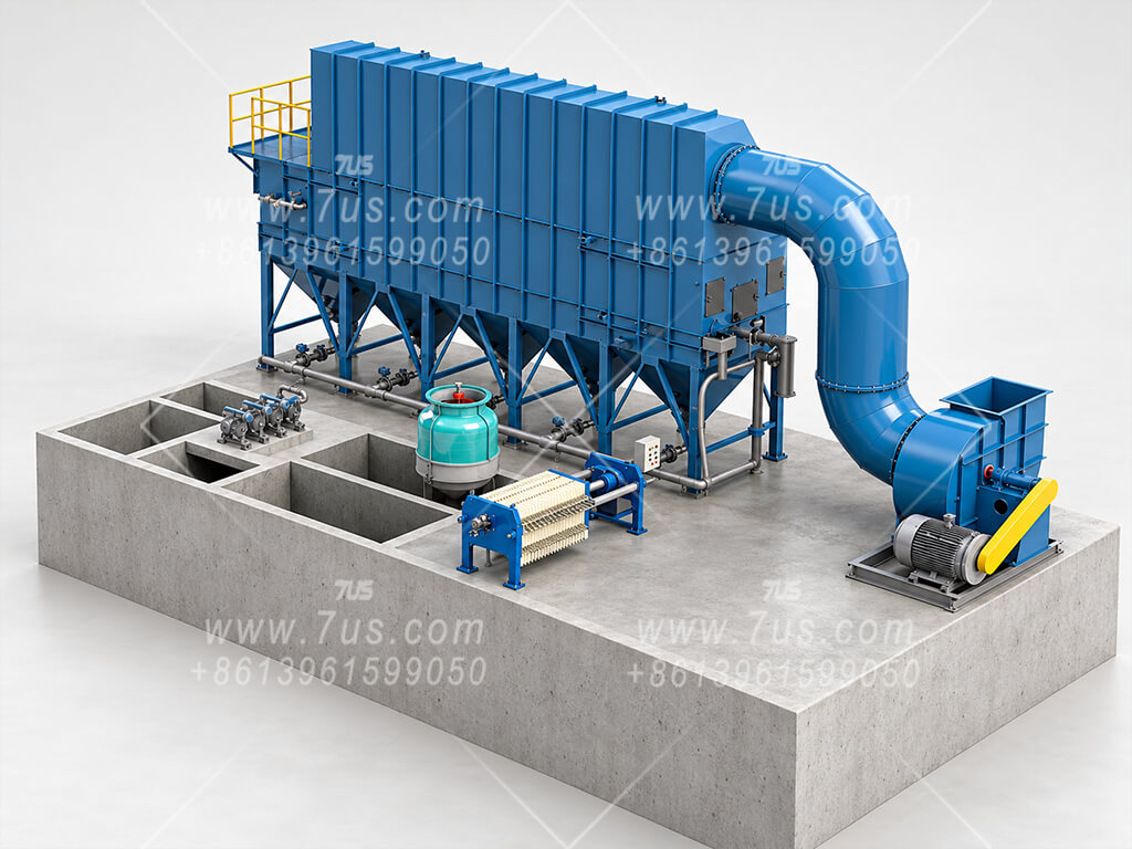 D-type wet dust collector with partitioned water basins, a filter press, a cooling tower and an extraction fan