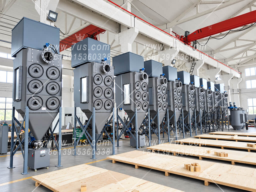 Cartridge dust collectors in the Jiangsu Erhuan manufacturing workshop