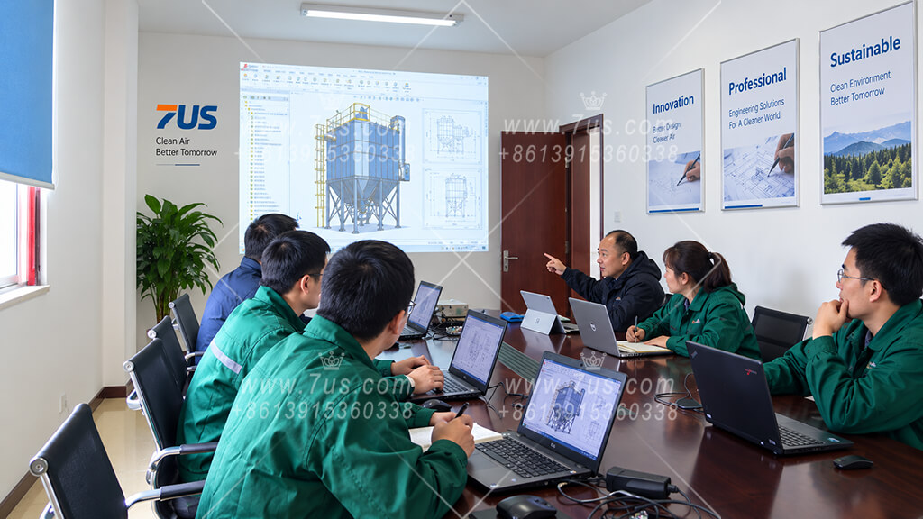 Engineering team reviewing industrial dust collector design drawings